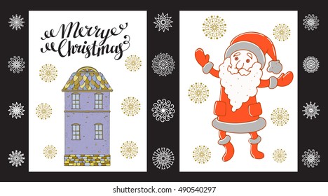 Christmas card set. Merry Christmas handwritten black brushed, calligraphy text, lettering. Santa Claus, house, snowflakes hand drawn isolated on white background. Vector design