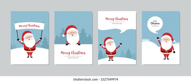 Christmas card set. Merry Christmas and Happy New Year greeting with cute santa claus lettering vector.