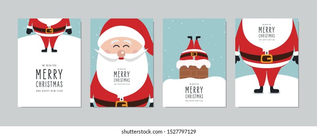 Christmas card set. Merry Christmas and Happy New Year greeting with cute santa claus lettering vector.