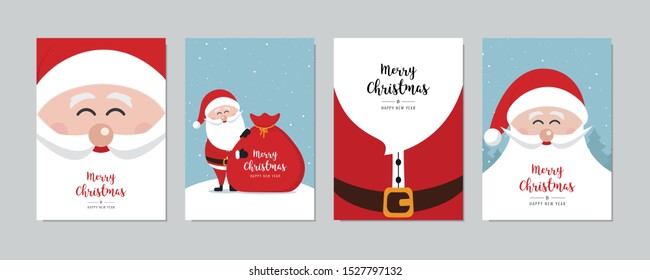 Christmas card set. Merry Christmas and Happy New Year greeting with cute santa claus lettering vector.