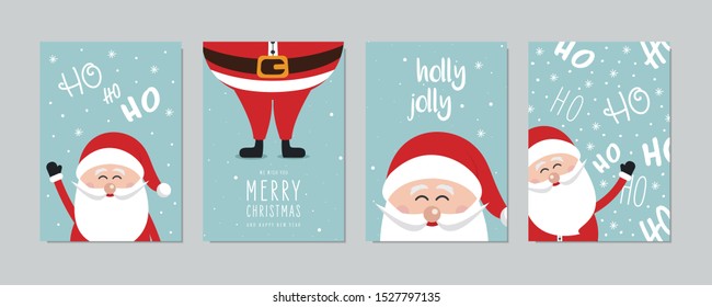 Christmas card set. Merry Christmas and Happy New Year greeting with cute santa claus lettering vector.