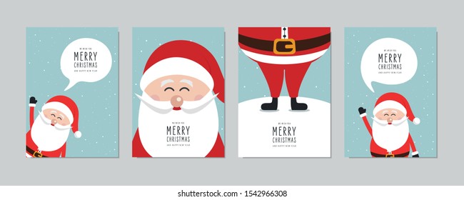 Christmas card set. Merry Christmas and Happy New Year greeting with cute santa claus lettering vector.