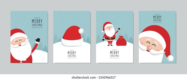 Christmas card set. Merry Christmas and Happy New Year greeting with cute santa claus lettering vector.