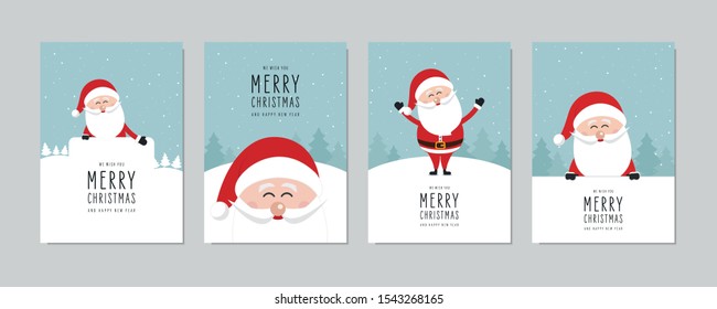 Christmas card set. Merry Christmas and Happy New Year greeting with cute santa claus lettering vector.