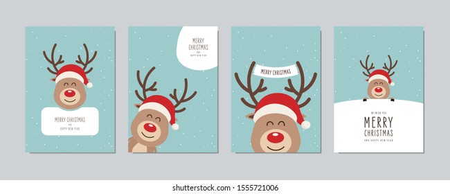 Christmas card set. Merry Christmas and Happy New Year greeting cute red nose cartoon reindeer with santa hat lettering vector.