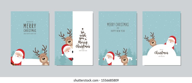 Christmas card set. Merry Christmas and Happy New Year greeting cute santa and red nose reindeer cartoon lettering vector.