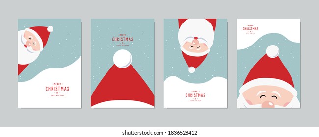 Christmas card set. Merry Christmas and Happy greeting wishes cute santa claus lettering vector.