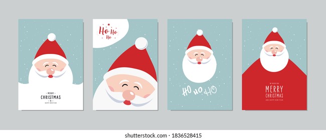 Christmas card set. Merry Christmas and Happy greeting wishes cute santa claus lettering vector.