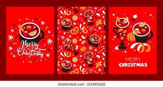 Christmas card set. Mulled wine, tangerines, wine, spices. Seamless pattern, textile background