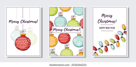 Christmas card set with New Year doodle illustrations. Christmas balls and garland. Merry Christmas Lettering