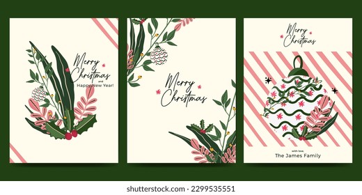 Christmas card set with christmas ornament, nature, flower and plant