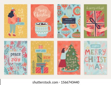 Christmas card set with patterns, lettering, characters and other elements. Hand drawn style flyers. Vector illustration.