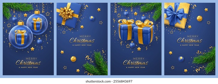 Christmas card set. Realistic blue gift box with golden bow, pine branches, gold stars and glitter confetti, balls bauble. Xmas and New Year background, banner, cover, poster, greeting cards. Vector.