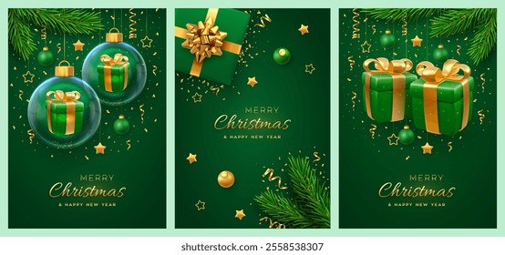 Christmas card set. Realistic green gift box with golden bow, pine branches, gold stars and glitter confetti, balls bauble. Xmas and New Year background, banner, cover, poster, greeting cards. Vector.