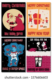 Christmas Card Set, Santa Claus, Christmas Gifts, Astronaut, Father and Kids, Retro Art Illustrations 
