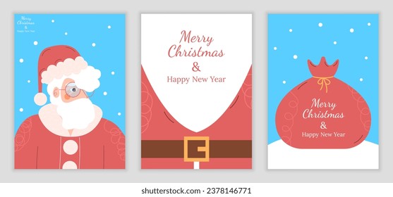 Christmas card set with santa claus character. Vector illustration holiday season postcard. Merry Christmas text Calligraphic Lettering