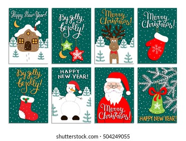 Christmas card set with Santa Claus, glove, sock, house, snowman, deer, stars and bell on the fir branch. New year postcards. Kids doodle style drawings. EPS 10 vector illustration with lettering.