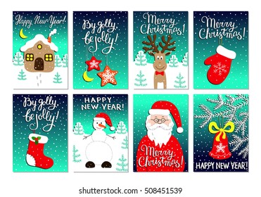 Christmas card set with Santa Claus, glove, sock, house, snowman, deer, stars and bell on the fir branch. New year postcards. Kids doodle style drawings. EPS 10 vector illustration with lettering.
