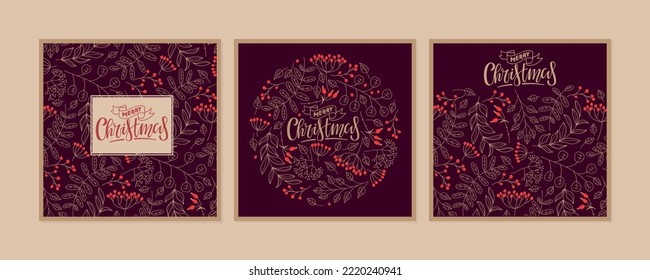 Christmas card set. Seamless border with botanical elements, calligraphy lettering Merry Christmas. Winter greeting posters. Flat vector cards with red rowan berries and rowan leaves on dark purple
