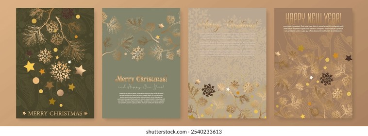 Christmas Card Set with Snowflakes, Stars, Tree Branches. Merry Christmas Holiday Background Collection with Golden Elements. Winter Holiday Composition for Xmas Design. New Year Greeting Card Design