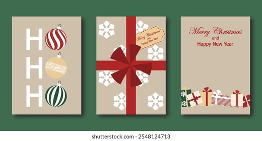 Christmas card, set of templates design for banner, flyer, background with christmas decoration, gift boxes. minimal, flat vector illustration for invitation, poster, greeting en beige and red tones.