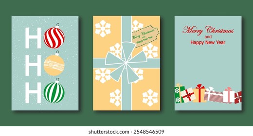 Christmas card, set of templates design for banner, flyer, background with christmas decoration, gift boxes. minimal, flat vector illustration for invitation, poster, greeting en light blue tones.