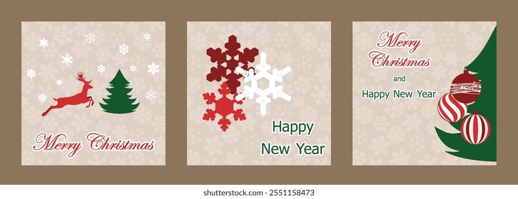 Christmas card, set of templates design for banner, flyer, background on the texture backdrop with many snowflakes. bright vector illustration for invitation, poster, greeting en beige and red tones.