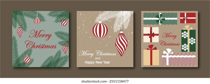 Christmas card, set of templates design for banner, flyer, background with snowflakes, fir branches, balls and gift boxes. bright modern vector illustration for invitation, poster, greeting en beige