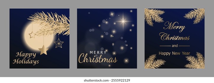 Christmas card, set of templates design for banner, flyer, background with stars, fir branches, snow and lights. elegant vector illustration for poster, greeting en luxury dark blue and gold tones