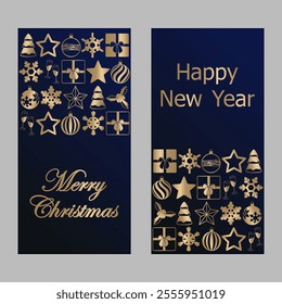 Christmas card, set of templates design for banner, flyer, background with stars, balls, snowflakes, champagne, gift boxes. vector illustration for poster, greeting en luxury dark blue and gold tones