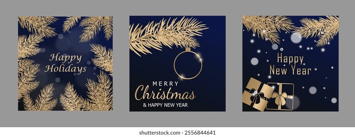 Christmas card, set of templates design for banner, flyer, background with fir branches, balls, gift boxes and lights. elegant vector illustration poster, greeting en luxury dark blue and gold tones