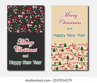 Christmas card, set of templates design for banner, flyer, background with snowflakes, deers, firs, balls, gifts. bright vector illustration for invitation, poster, greeting en minimal, flat style.