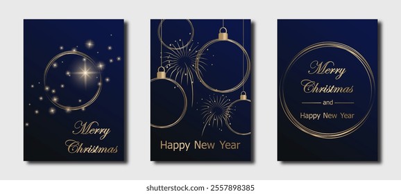 Christmas card, set of templates design for banner, flyer, background with stars, christmas balls and lights. elegant vector illustration for poster, greeting en luxury dark blue and gold tones