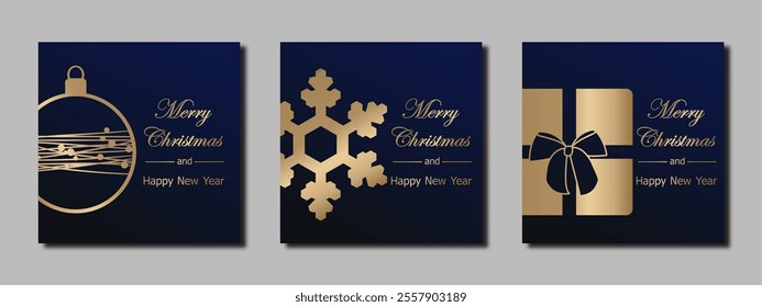 Christmas card, set of templates design for banner, flyer, background with christmas ball, snowflake and gift box. elegant vector illustration for poster, greeting en luxury dark blue and gold tones