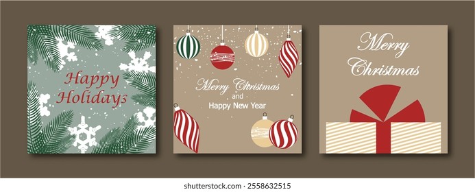 Christmas card, set of templates design for banner, flyer, background with snowflakes, fir branches, balls and gift boxes. bright modern vector illustration for invitation, poster, greeting en beige