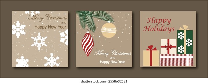 Christmas card, set of templates design for banner, flyer, background with snowflakes, fir branches, balls and gift boxes. bright modern vector illustration for invitation, poster, greeting en beige