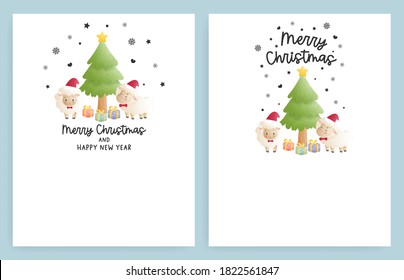 Christmas card set with Christmas tree and cute sheep, vector illustration.