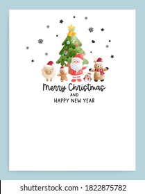 Christmas card set with Christmas tree and Santa and friends, gift boxes, watercolor vector illustration.