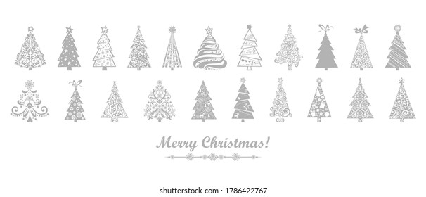 Christmas card. Set of christmas trees isolated on White background.  Horizontal banner. Greeting, invitation card or flyer. Vector illustration