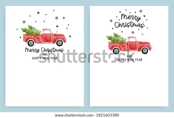 Christmas card set with Christmas truck and\
tree, watercolor vector\
illustration.