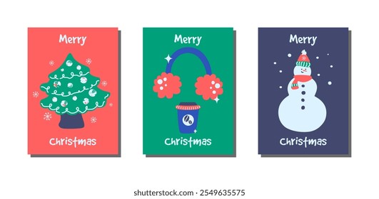 Christmas card set vector - hand drawn cute flyers. Postcards with lettering and Christmas background, Christmas tree, snowman, coffee, warm winter headphones. Snowflakes. Doodle .Holiday. EPS 10