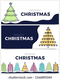 Christmas card set vector illustration. Banner collection with Decoration Christmas tree and copy space for text.