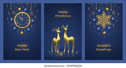 Christmas card set. Watch with Roman numeral and countdown midnight, eve for New Year. Reindeers, gold shining snowflake, ball. Hanging stars, balls on blue background. Vector illustration.