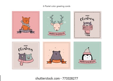 Christmas card set with winter animals. vector illustration