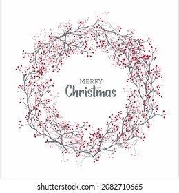 Christmas card in the shape of a circle with branches and berries. Merry Christmas lettering. 