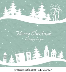 Christmas card with the shape of houses and trees