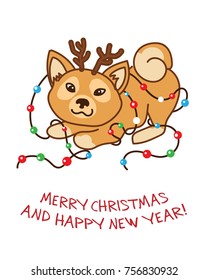 Christmas card. Shiba Inu dog with deer horn and colored garland. Vector illustration.