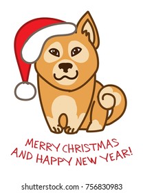 Christmas card. Shiba Inu dog in christmas cap. Vector illustration.