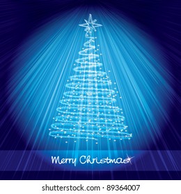 Christmas card with shining christmas tree on luminous blue background with rays of light - vector illustration