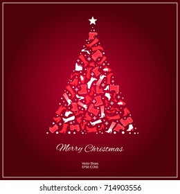 Christmas card with shoes and Christmas tree. Footwear advertising template